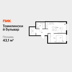 Планировка однокомнатной(квартира) площадью 43.1 квадратных метров в ЖК “ЖК Томилинский бульвар”