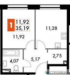Планировка однокомнатной(апартаменты) площадью 35.19 квадратных метров в ЖК “ЖК Движение. Говорово”