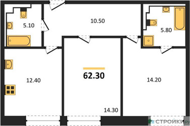 Планировка двухкомнатной(квартира) площадью 62.3 квадратных метров в ЖК “ЖК INJOY (Инджой)”