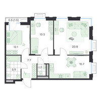 Планировка трехкомнатной(квартира) площадью 77.7 квадратных метров в “ЖК G3 Михалевич”