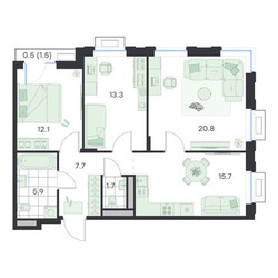 Планировка трехкомнатной(квартира) площадью 77.7 квадратных метров в ЖК “ЖК G3 Михалевич”