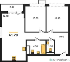 Планировка двухкомнатной(квартира) площадью 61.2 квадратных метров в “ЖК Деснаречье”