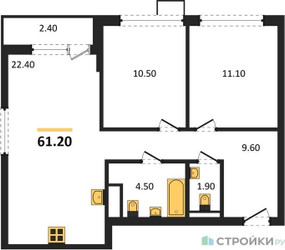 Планировка двухкомнатной(квартира) площадью 61.2 квадратных метров в ЖК “ЖК Деснаречье”