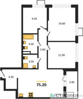 Планировка трехкомнатной(квартира) площадью 75.2 квадратных метров в “ЖК Деснаречье”