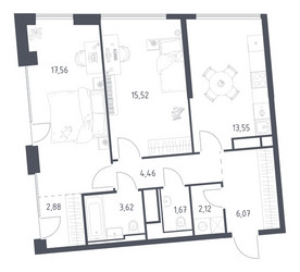 Планировка двухкомнатной(квартира) площадью 67.45 квадратных метров в ЖК “ЖК Квартал на воде (Графика на воде)”