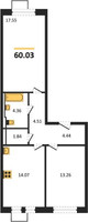 Планировка двухкомнатной(квартира) площадью 60.03 квадратных метров в “ЖК Квартал Сабурово”