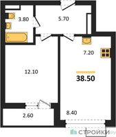 Планировка однокомнатной(квартира) площадью 38.5 квадратных метров в “ЖК Родные кварталы”