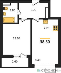 Планировка однокомнатной(квартира) площадью 38.5 квадратных метров в ЖК “ЖК Родные кварталы”