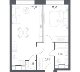 Планировка однокомнатной(апартаменты) площадью 41.66 квадратных метров в ЖК “ЖК Пятницкое 58 (Перец)”