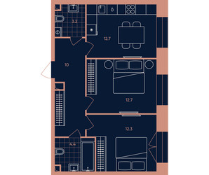 Планировка двухкомнатной(квартира) площадью 55.7 квадратных метров в ЖК “Квартал Эра”