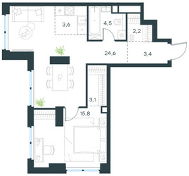 Планировка двухкомнатной(квартира) площадью 57.2 квадратных метров в ЖК “ЖК Левел Звенигородская”