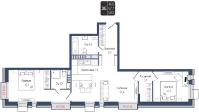 Планировка трехкомнатной(квартира) площадью 67.7 квадратных метров в ЖК “ЖК КИНОКВАРТАЛ”