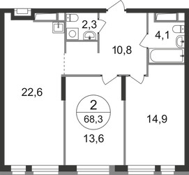 Планировка двухкомнатной(квартира) площадью 68.3 квадратных метров в ЖК “ЖК Первый Московский”