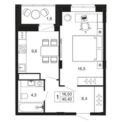 Планировка однокомнатной(квартира) площадью 40.4 квадратных метров в ЖК “ЖК Времена года”