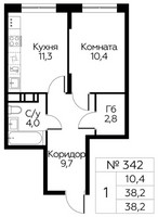 Планировка однокомнатной(квартира) площадью 38.2 квадратных метров в “ЖК Цветочные Поляны Сити”