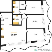 Планировка трехкомнатной(квартира) площадью 90.8 квадратных метров в “ЖК Союз (СВАО)”