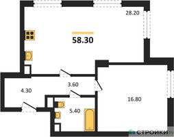Планировка однокомнатной(квартира) площадью 58.3 квадратных метров в “ЖК Крылатская 33”