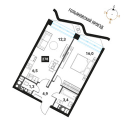 Планировка двухкомнатной(квартира) площадью 44.4 квадратных метров в ЖК “ЖК Интеллигент”