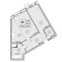 Планировка двухкомнатной(квартира) площадью 48.2 квадратных метров в “ЖК Экоград Новый Катуар”