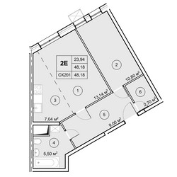Планировка двухкомнатной(квартира) площадью 48.2 квадратных метров в ЖК “ЖК Экоград Новый Катуар”