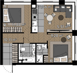 Планировка двухкомнатной(квартира) площадью 55 квадратных метров в ЖК “ЖК Квартал Серебряный бор”