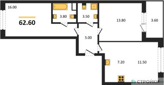 Планировка двухкомнатной(квартира) площадью 62.6 квадратных метров в “Жилые кварталы Белый Град”