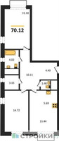 Планировка двухкомнатной(квартира) площадью 70.12 квадратных метров в “ЖК Новоград Павлино”