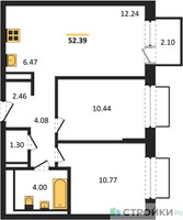 Планировка двухкомнатной(квартира) площадью 52.39 квадратных метров в “ЖК Томилино Парк”