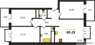 Планировка трехкомнатной(квартира) площадью 69.23 квадратных метров в “ЖК ВОСТОК II”