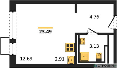 Планировка студии(квартира) площадью 23.49 квадратных метров в ЖК “ЖК Квартал Авиаторов”
