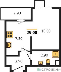 Планировка однокомнатной(квартира) площадью 25 квадратных метров в ЖК “ЖК 1-й Ленинградский (Первый Ленинградский)”