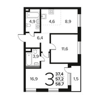 Планировка трехкомнатной(квартира) площадью 58.7 квадратных метров в “Новые Ватутинки. Заречный”