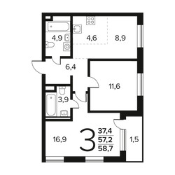 Планировка трехкомнатной(квартира) площадью 58.7 квадратных метров в ЖК “Новые Ватутинки. Заречный”