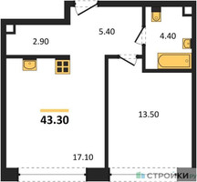 Планировка однокомнатной(квартира) площадью 43.3 квадратных метров в “ЖК Shagal (Шагал)”
