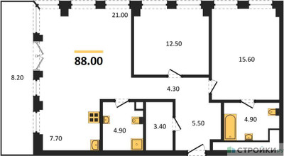 Планировка двухкомнатной(квартира) площадью 88 квадратных метров в ЖК “ЖК Emotion (Эмоушен)”