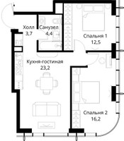 Планировка двухкомнатной(квартира) площадью 60 квадратных метров в “ЖК Сити Бэй”