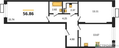 Планировка двухкомнатной(квартира) площадью 56.86 квадратных метров в ЖК “ЖК Пятницкие луга”
