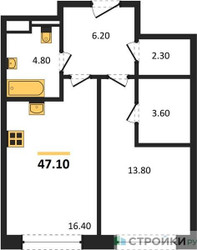 Планировка однокомнатной(квартира) площадью 47.1 квадратных метров в ЖК “ЖК STONE Sokolniki (Сокольники)”