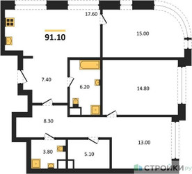 Планировка трехкомнатной(квартира) площадью 91.1 квадратных метров в ЖК “ЖК Символ”