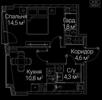 Планировка однокомнатной(квартира) площадью 36 квадратных метров в “ЖК СЕЗАР БУДУЩЕЕ”