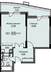 Планировка однокомнатной(квартира) площадью 47.9 квадратных метров в ЖК “ЖК Соболевка”