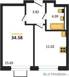 Планировка однокомнатной(квартира) площадью 34.58 квадратных метров в ЖК “ЖК Квартал Западный”