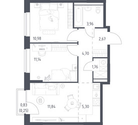 Планировка двухкомнатной(квартира) площадью 52.6 квадратных метров в ЖК “ЖК Новое Видное”