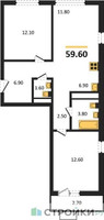 Планировка двухкомнатной(квартира) площадью 59.6 квадратных метров в “ЖК Прокшино”