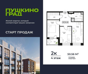 Планировка двухкомнатной(квартира) площадью 50.56 квадратных метров в ЖК “ЖК Пушкино Град”