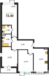Планировка трехкомнатной(квартира) площадью 72.3 квадратных метров в ЖК “ЖК Деснаречье”