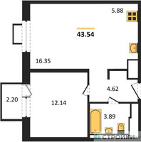 Планировка однокомнатной(квартира) площадью 43.54 квадратных метров в “ЖК Пятницкие луга”