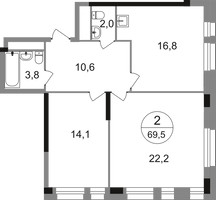Планировка двухкомнатной(квартира) площадью 69.5 квадратных метров в “ЖК Первый Московский”