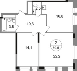 Планировка двухкомнатной(квартира) площадью 69.5 квадратных метров в ЖК “ЖК Первый Московский”