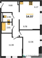Планировка двухкомнатной(квартира) площадью 54.97 квадратных метров в “ЖК Остафьево”